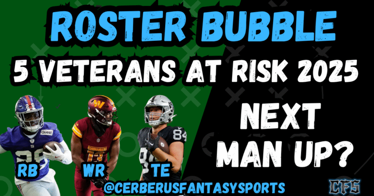 NFL roster bubble thumbnail showing fading veteran silhouette and highlighted younger replacement with text ‘5 Veterans at Risk — 2025