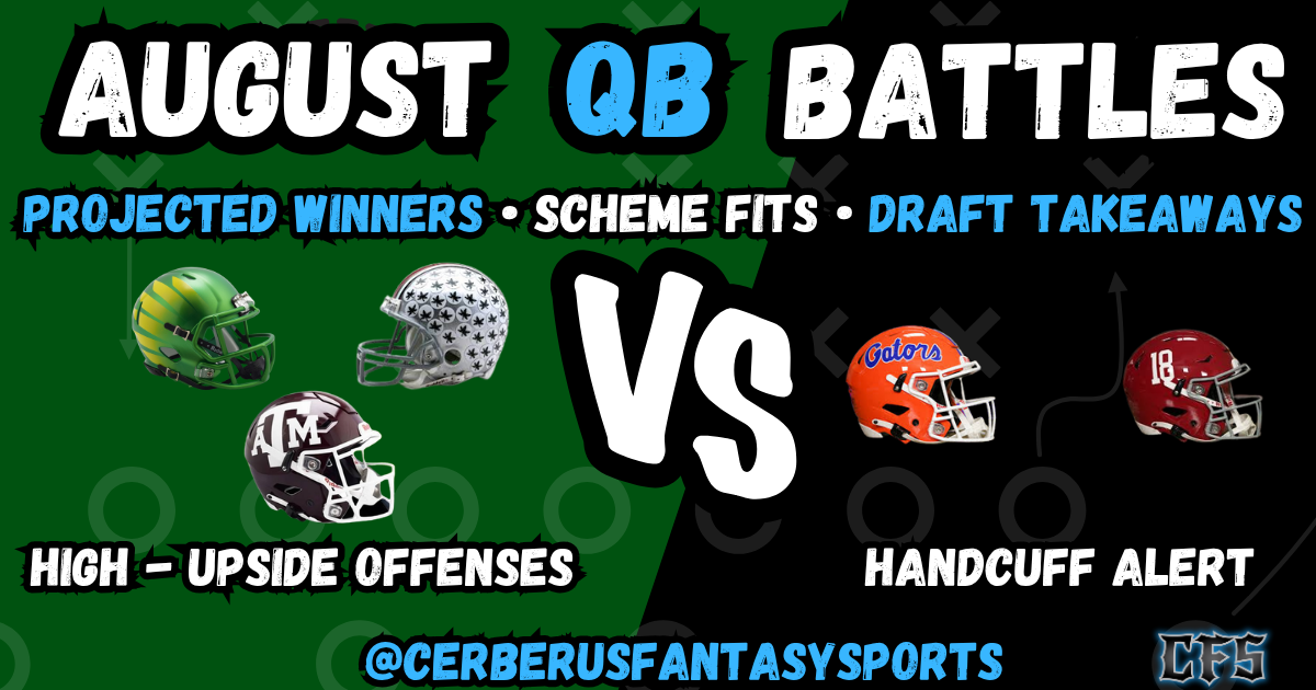 August college QB battles graphic with two generic helmets facing off and headline ‘August QB Battles
