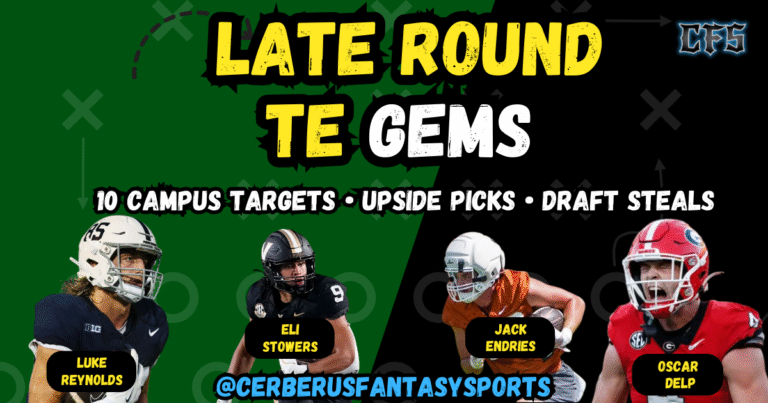 Late-round college tight ends fantasy football graphic with two generic players and headline ‘Late-Round TE Gems.