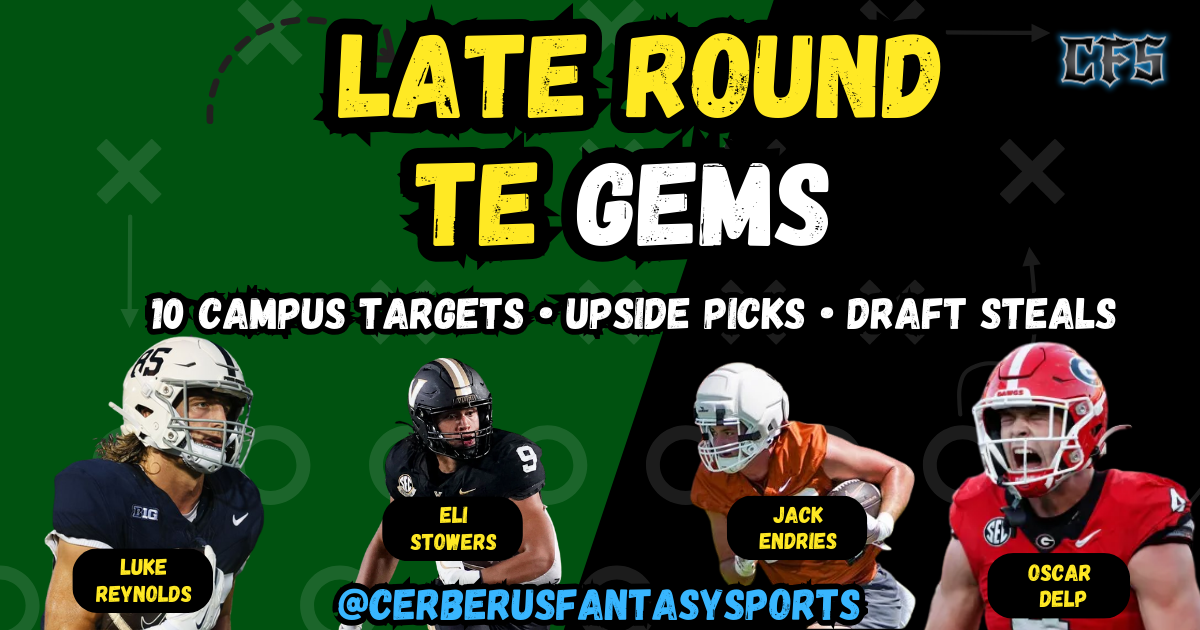 Late-round college tight ends fantasy football graphic with two generic players and headline ‘Late-Round TE Gems.